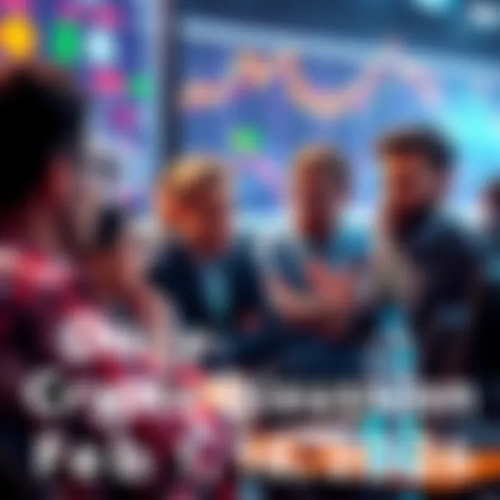 Group of people discussing cryptocurrency trading trends and caution