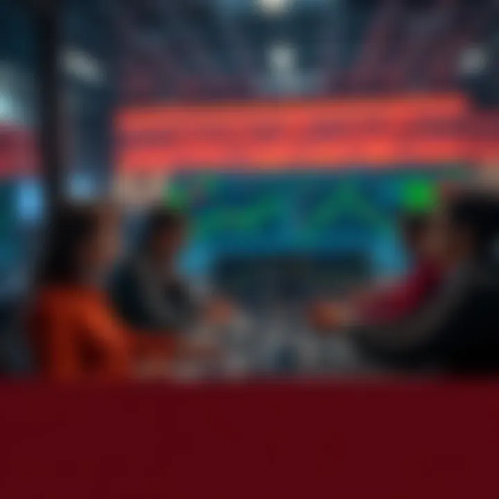 A group of people engaging in a cryptocurrency trading discussion, with charts and laptops in front of them, emphasizing caution against scams.