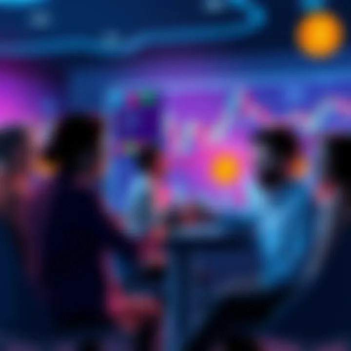 A group of people engaging in a lively discussion about cryptocurrency trading, with charts and digital currency symbols in the background.