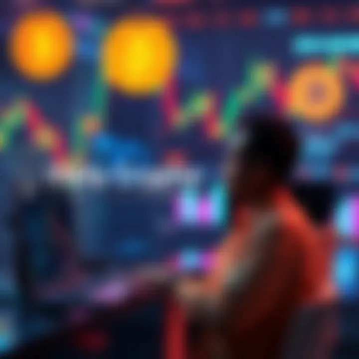 People engaging in a conversation about cryptocurrency trading with charts and digital coins in the background.
