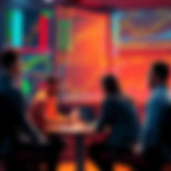 A group of traders engaging in a discussion about cryptocurrency trading tips and warnings, with charts and graphs displayed in the background.