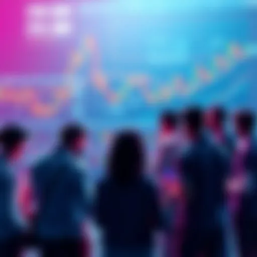 A group of people discussing cryptocurrency trading tips with charts and graphs in the background.