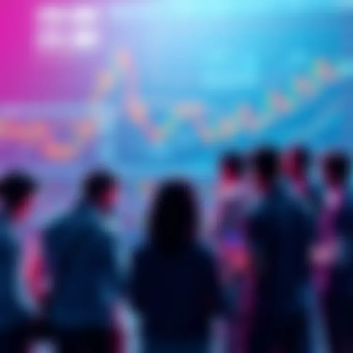 A group of people discussing cryptocurrency trading tips with charts and graphs in the background.