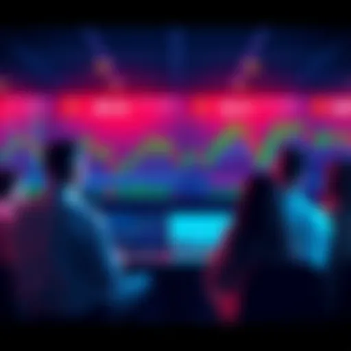 A group of people discussing cryptocurrency trading strategies with charts and graphs on a screen.