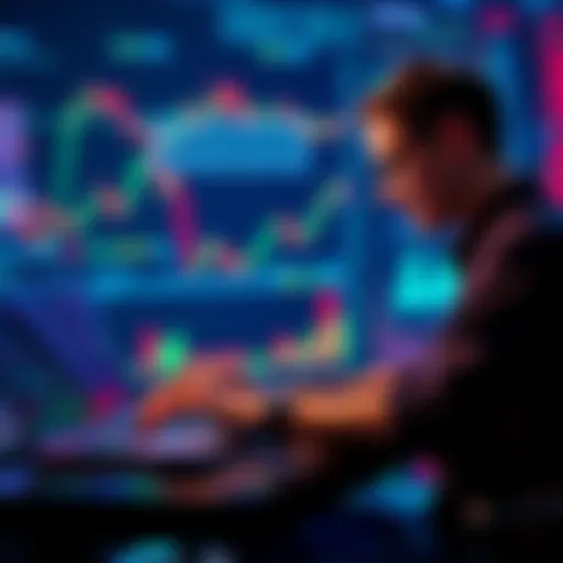 A digital trader analyzing cryptocurrency trends on a laptop with charts and graphs in the background.