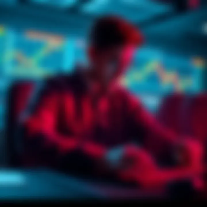 A trader analyzing crypto charts with price fluctuations and trend lines, showcasing mean reversion strategy in action.