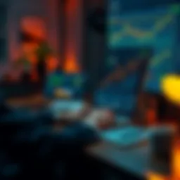 A person sitting at a desk with a laptop, looking at cryptocurrency charts and graphs, showing concern about market trends, with a coffee cup nearby