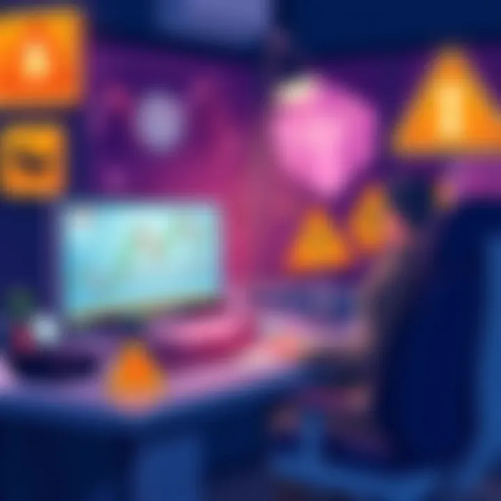 Illustration showing a trader at a desk with a computer displaying cryptocurrency charts, surrounded by warning signs for scams and safety tips