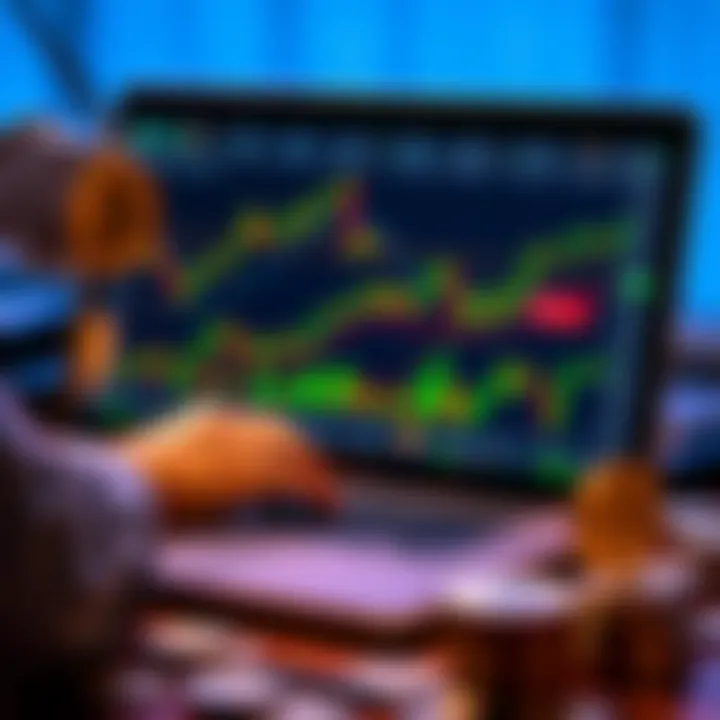 A trader analyzing cryptocurrency charts on a laptop with dollar bills and coins surrounding them