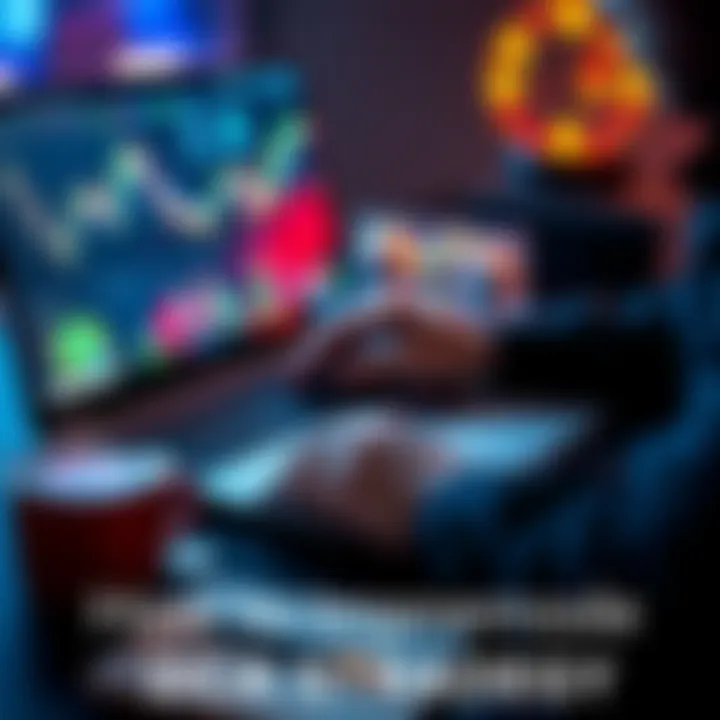 A person analyzing cryptocurrency charts on a laptop with coins and a notepad nearby, indicating research and planning for Dollar-Cost Averaging in trading.