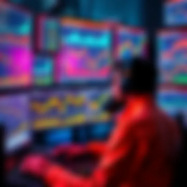 A trader analyzing cryptocurrency charts with charts and graphs on multiple screens