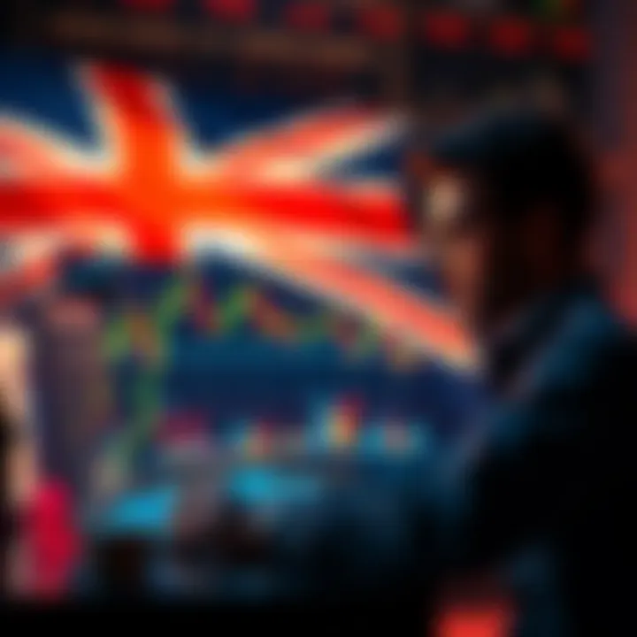 A person analyzing cryptocurrency charts on a laptop, with various currencies displayed and the UK flag in the background.