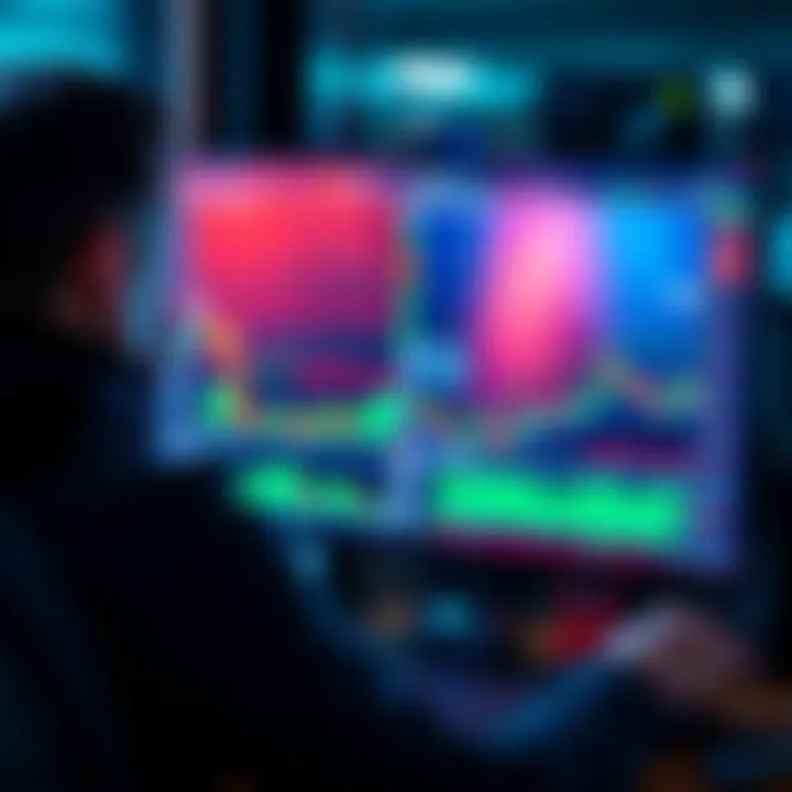 A person monitoring their crypto trades on a computer screen displaying graphs and trading volume metrics.