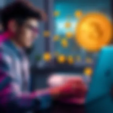 A person confidently using a laptop to sell cryptocurrency, with digital currency symbols around.