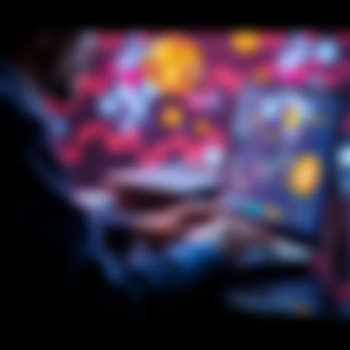 A person using a laptop to conduct peer-to-peer cryptocurrency transactions on a platform like Binance, with digital currency symbols floating around.