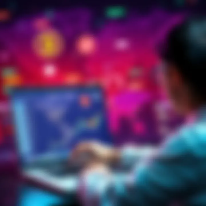 A person using a laptop to explore different cryptocurrency vendors for instant transfers, with graphics of coins and world map in the background.