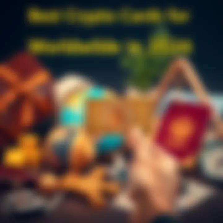 A person holding a Bitcoin card next to a globe and travel essentials like a passport and plane tickets