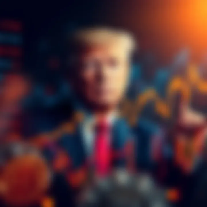 A chart showing rising cryptocurrency trends with an image of Donald Trump in the background.