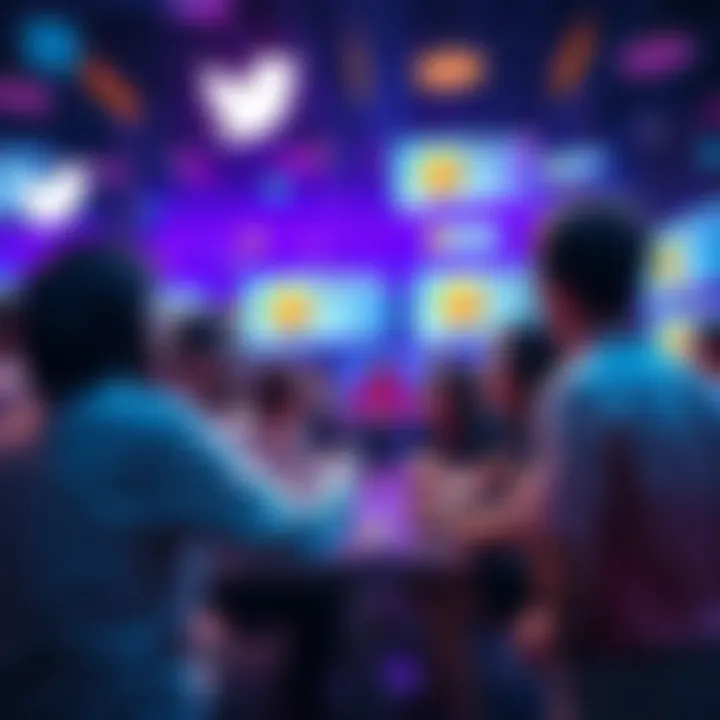 A group of people engaging in a lively discussion about cryptocurrency in a Twitter Space setting, with digital graphics of coins and chat bubbles around them.