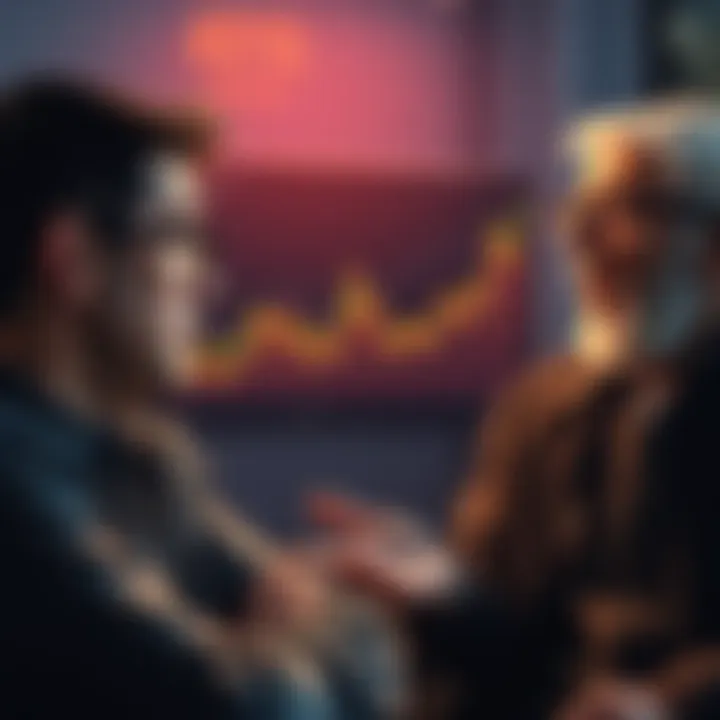 Friend comparing crypto losses and savings A friend looks frustrated while discussing his crypto losses with another person who shows pride in traditional savings. A chart showing crypto volatility and a steady 401k growth is in the background.