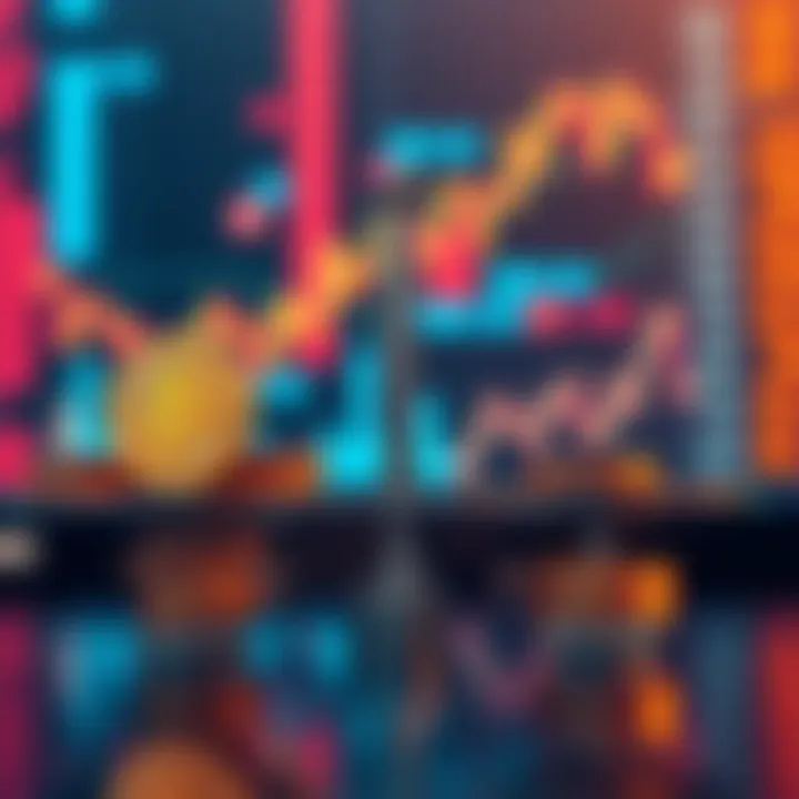 Graphic showing a balance between cryptocurrency and stocks, with coins on one side and stock charts on the other.