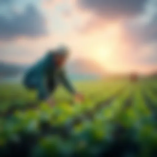 A graphic showing a farmer planting coins in a digital field symbolizing cryptocurrency yield farming.