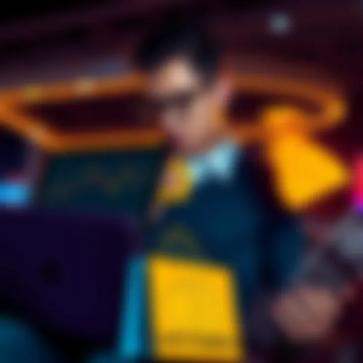 A young man with a laptop showing a Bitcoin graph, looking conflicted as he holds shopping bags in one hand and a Bitcoin symbol on the screen.