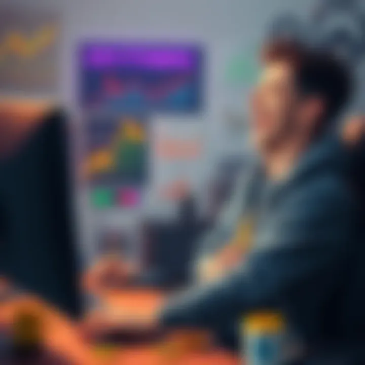 A young man in a hoodie sits at a computer, laughing while looking at cryptocurrency charts and memes. He has a playful expression and surrounded by crypto-related items.