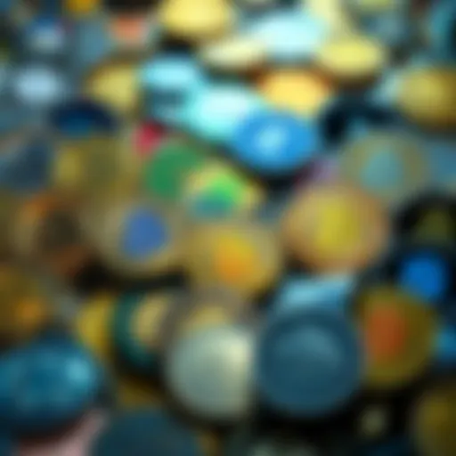 A collection of various cryptocurrency coins, each prominently displaying their logos, representing top picks priced under ten dollars.