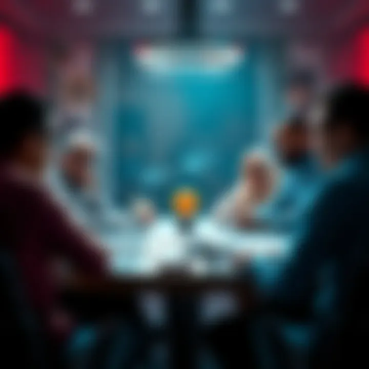 A group of diverse people discussing cryptocurrency issues at a round table, showing expressions of concern and interest.