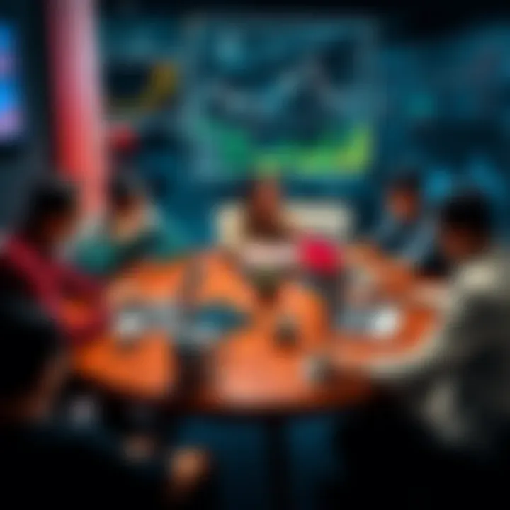 A diverse group of people discussing cryptocurrency at a round table with laptops, charts, and coffee cups.