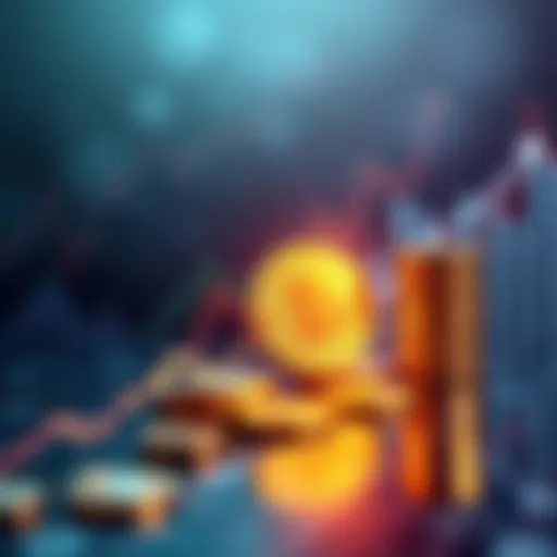 A graphic showing a rising graph representing cryptocurrency values with coins and inflation symbols in the background.