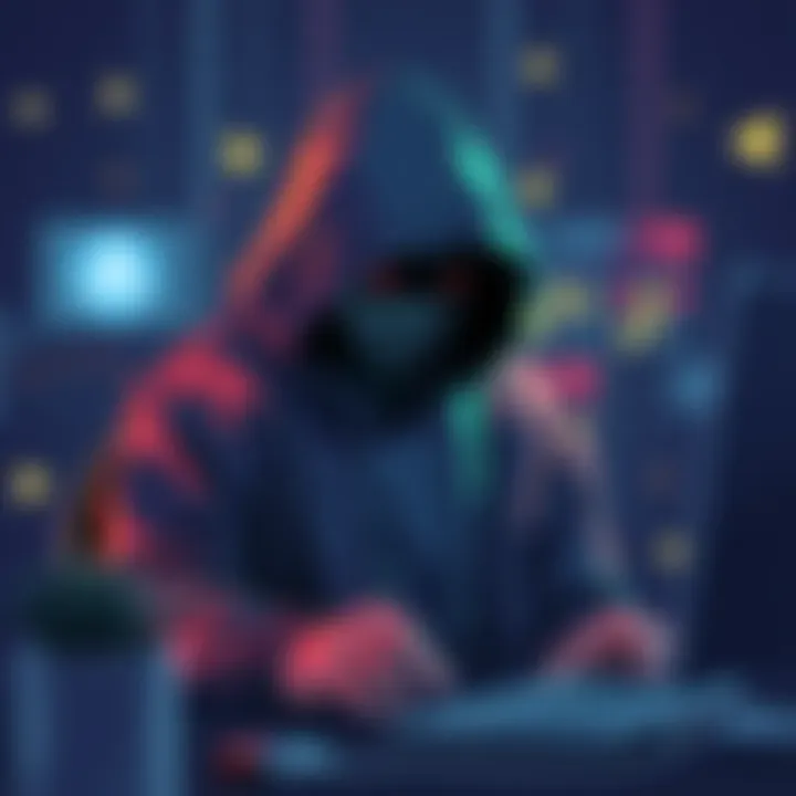 Cryptocurrency Scam Graphic Illustration of a hooded figure using a computer, representing cyber scammers stealing cryptocurrency.