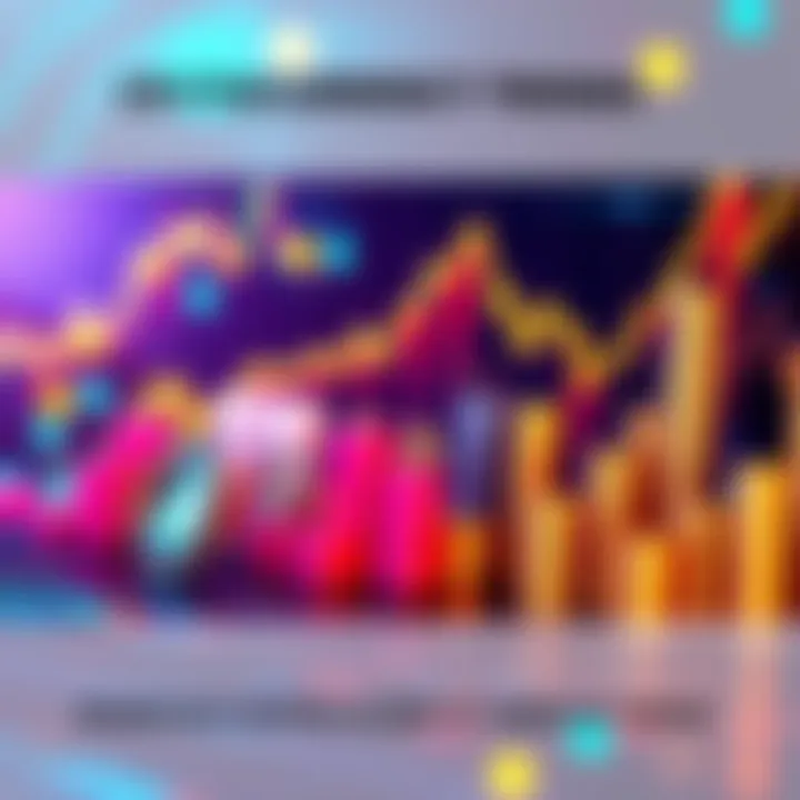 A visual representation of various cryptocurrencies with rising graphs and bars, showing market trends and interests.