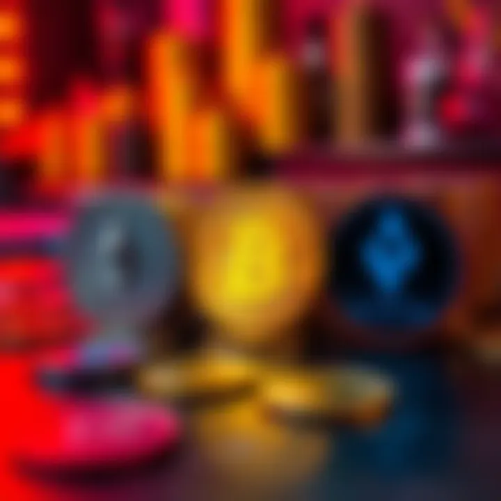 A selection of popular cryptocurrencies displayed with Bitcoin, Ethereum, and Solana logos on a table.