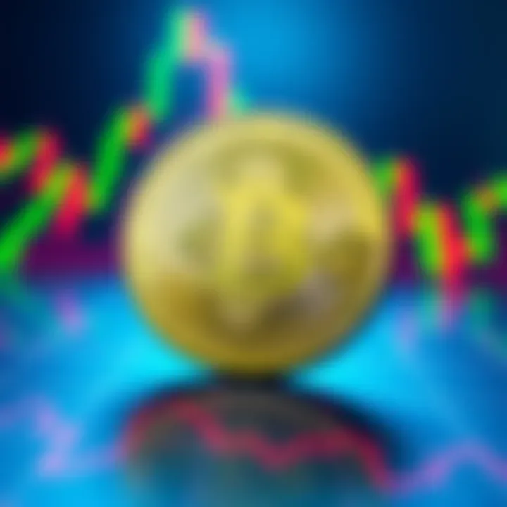 A shiny cryptocurrency coin on a fluctuating stock market graph background, symbolizing investment hopes.