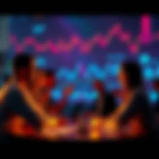 Members of the cryptocurrency community debating a hard fork announcement with digital charts and graphs in the background.