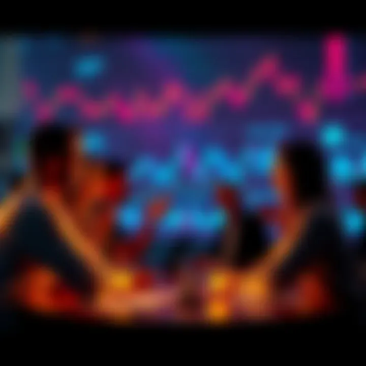 Members of the cryptocurrency community debating a hard fork announcement with digital charts and graphs in the background.