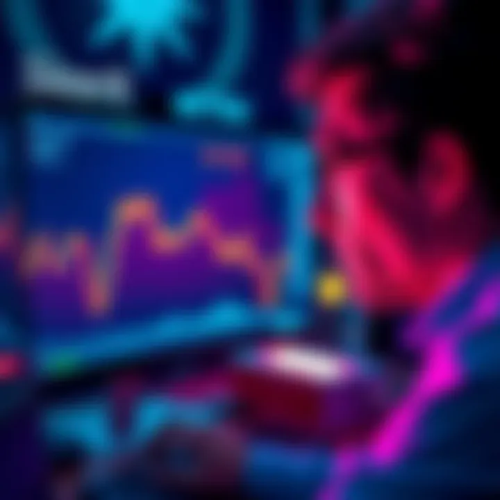 Person looking at a declining cryptocurrency graph A worried person staring at their computer screen, showing a downward trend in cryptocurrency values, symbolizing investment losses.