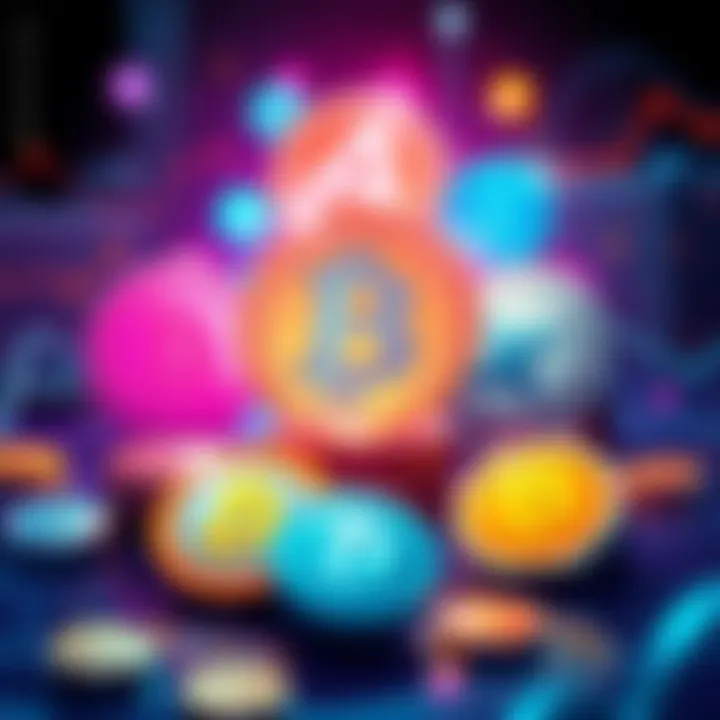 An illustration showing various cryptocurrency symbols with features like anonymity, smart contracts, and low fees highlighted