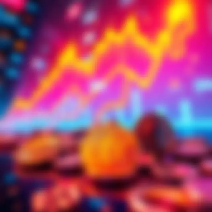 A digital representation of top cryptocurrencies with upward trends, symbols include Bitcoin and Ethereum, set against a futuristic backdrop.