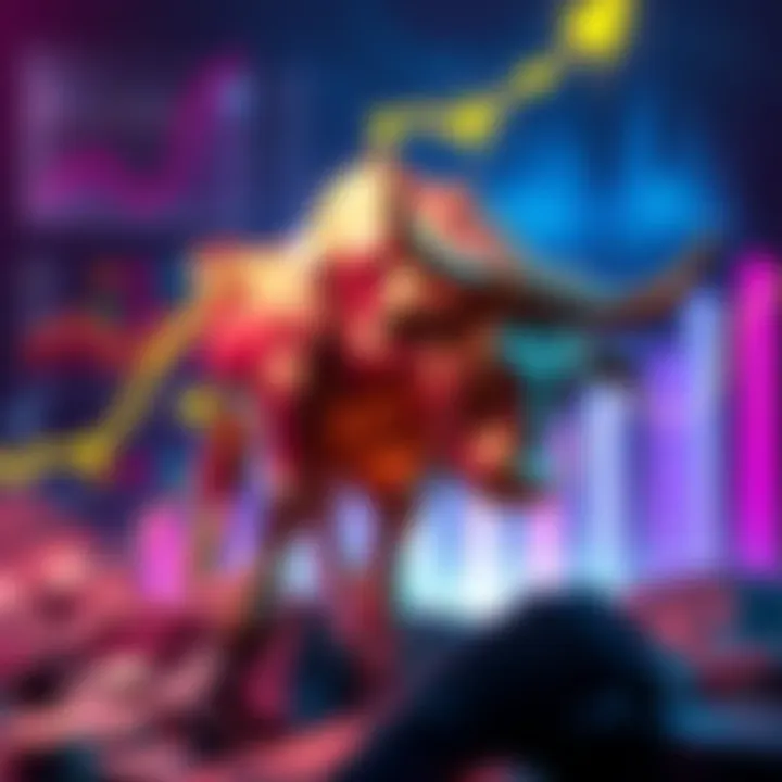 Cryptocurrency Growth Predictions A bull symbolizing growth in cryptocurrency with a graph showing upward trends in the background.