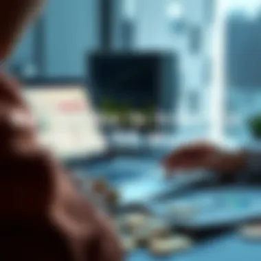 A person analyzing cryptocurrency options on a laptop showing charts and graphs, with coins and notes on the table.