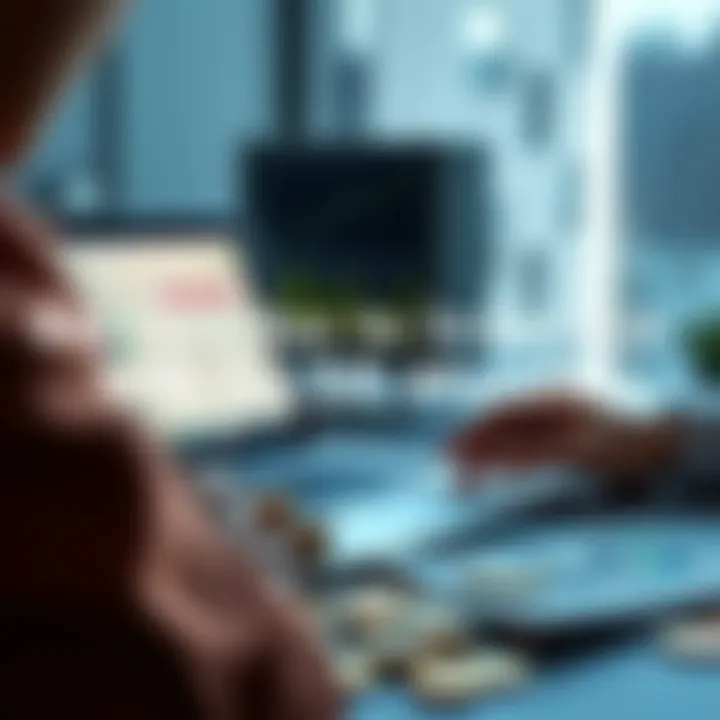 A person analyzing cryptocurrency options on a laptop showing charts and graphs, with coins and notes on the table.