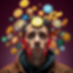 A person looking worried with multiple cryptocurrency logos scattered around them, depicting over-diversification in investments.