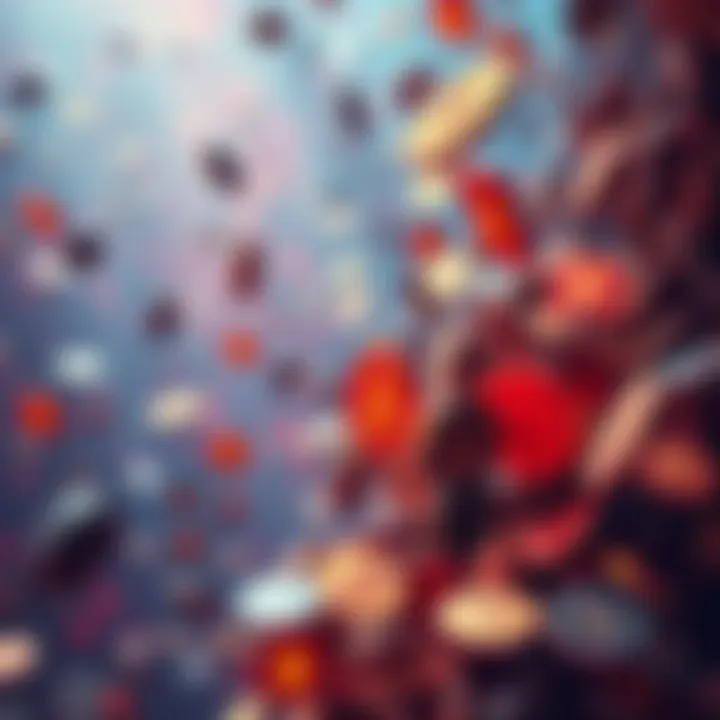 A visual representation of various cryptocurrency tokens floating in a chaotic market environment, symbolizing market saturation and volatility.