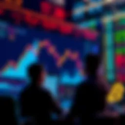 Graph showing rising and falling cryptocurrency prices with worried investors looking at screens