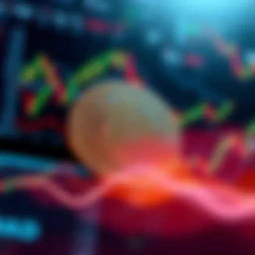 A digital currency symbol surrounded by fluctuating stock market graphs and charts, representing the impact of cryptocurrency on investments.