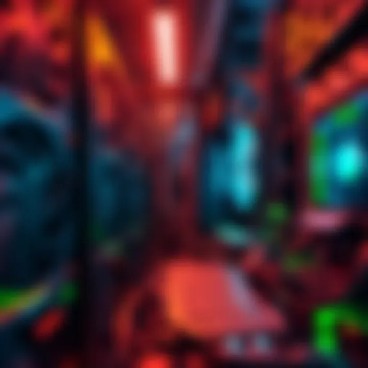 A view of a cryptocurrency mining setup with multiple graphic cards and computer equipment actively running.