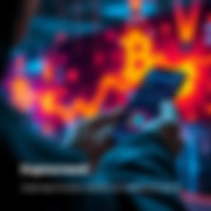 Cryptocurrency Transactions A person using a smartphone to make a cryptocurrency transaction with digital currency symbols in the background